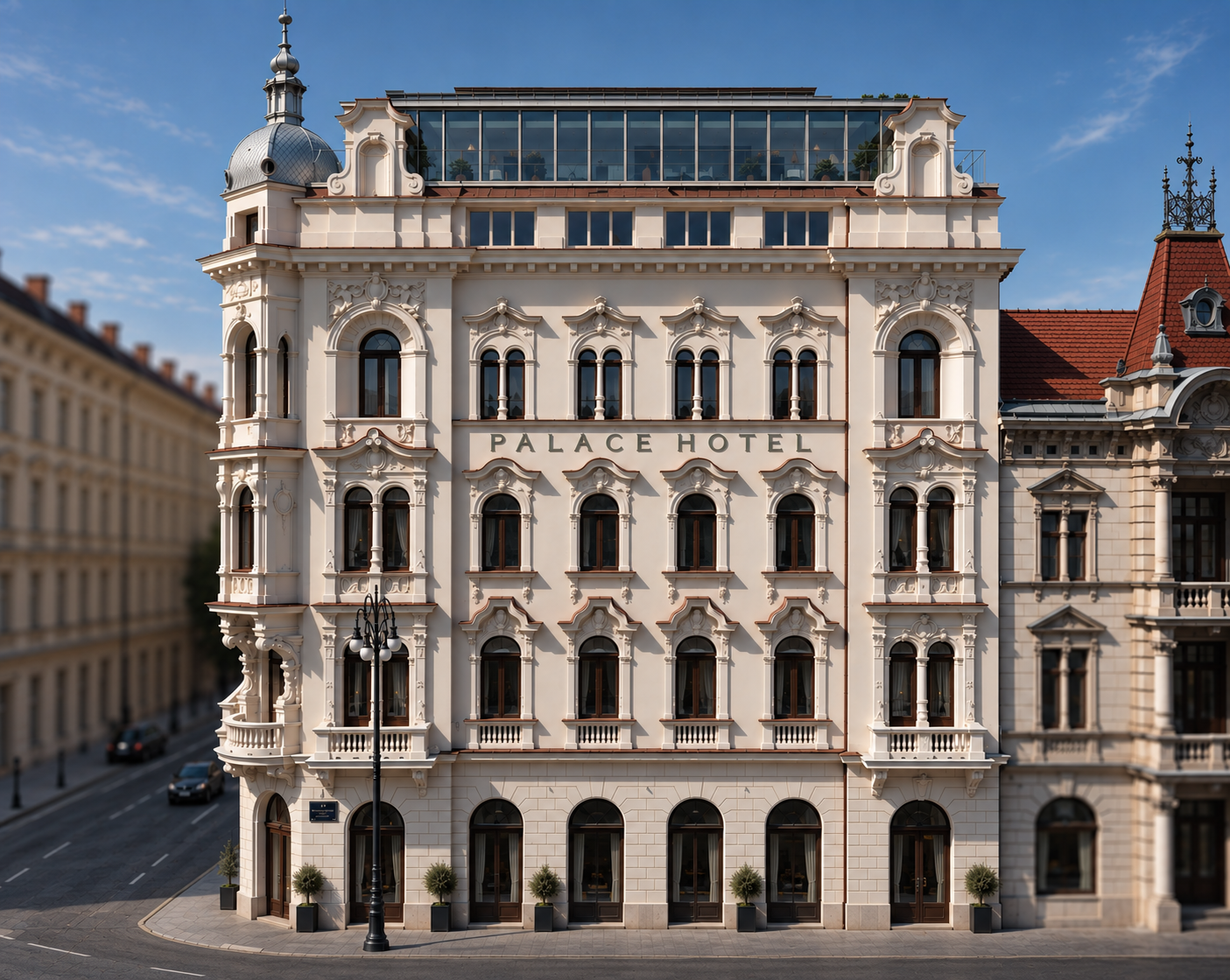 Architectural visualisation of the restored Palace Hotel Zagreb, showing its complete façade and entrance.